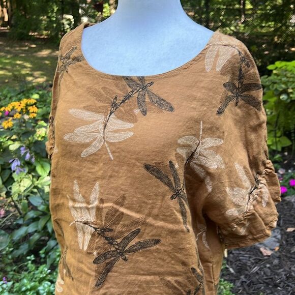 Elena Baldi DragonFly 100% Linen Mustard Yellow Ruffle Sleeve Blouse Small - Picture 3 of 14